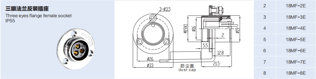18MF-E 3-Hole Flange 反装 Receptacle /IP55