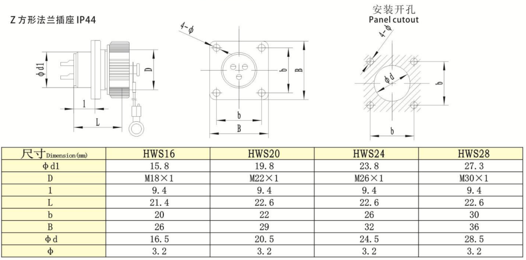 HW Series -Z Square Flange Receptacle IP44 — HW Series -Z Square Flange Receptacle IP44 Straight Cable Plug /IP55