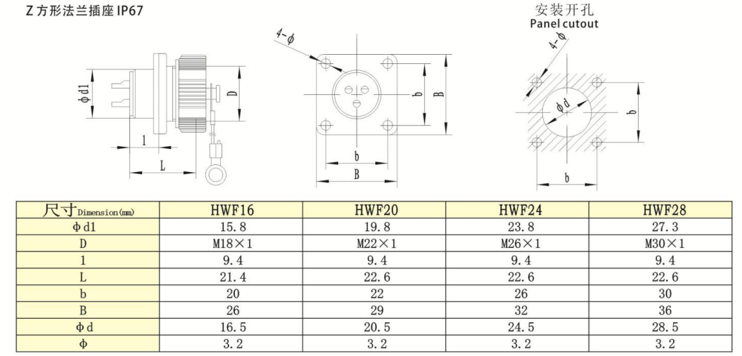HW Series -Z Square Flange Waterproof Receptacle IP67 — HW Series -Z Square Flange Waterproof Receptacle IP67 Straight Cable Plug /IP55