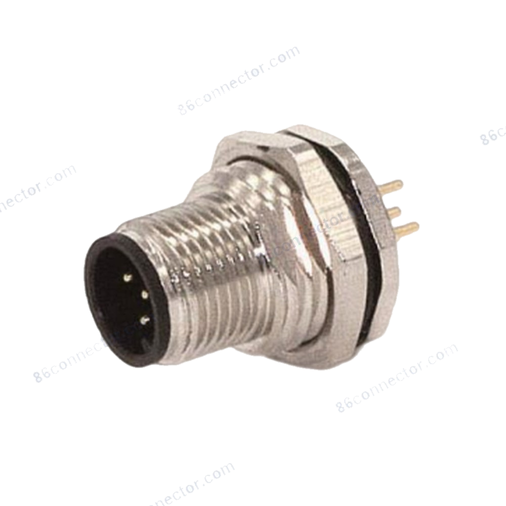 M12-12305 connector flange receptacle pin (male) front lock dip-solder 3-pin 4-pin 5-pin 8-pin 12-pin circular plug/receptacle