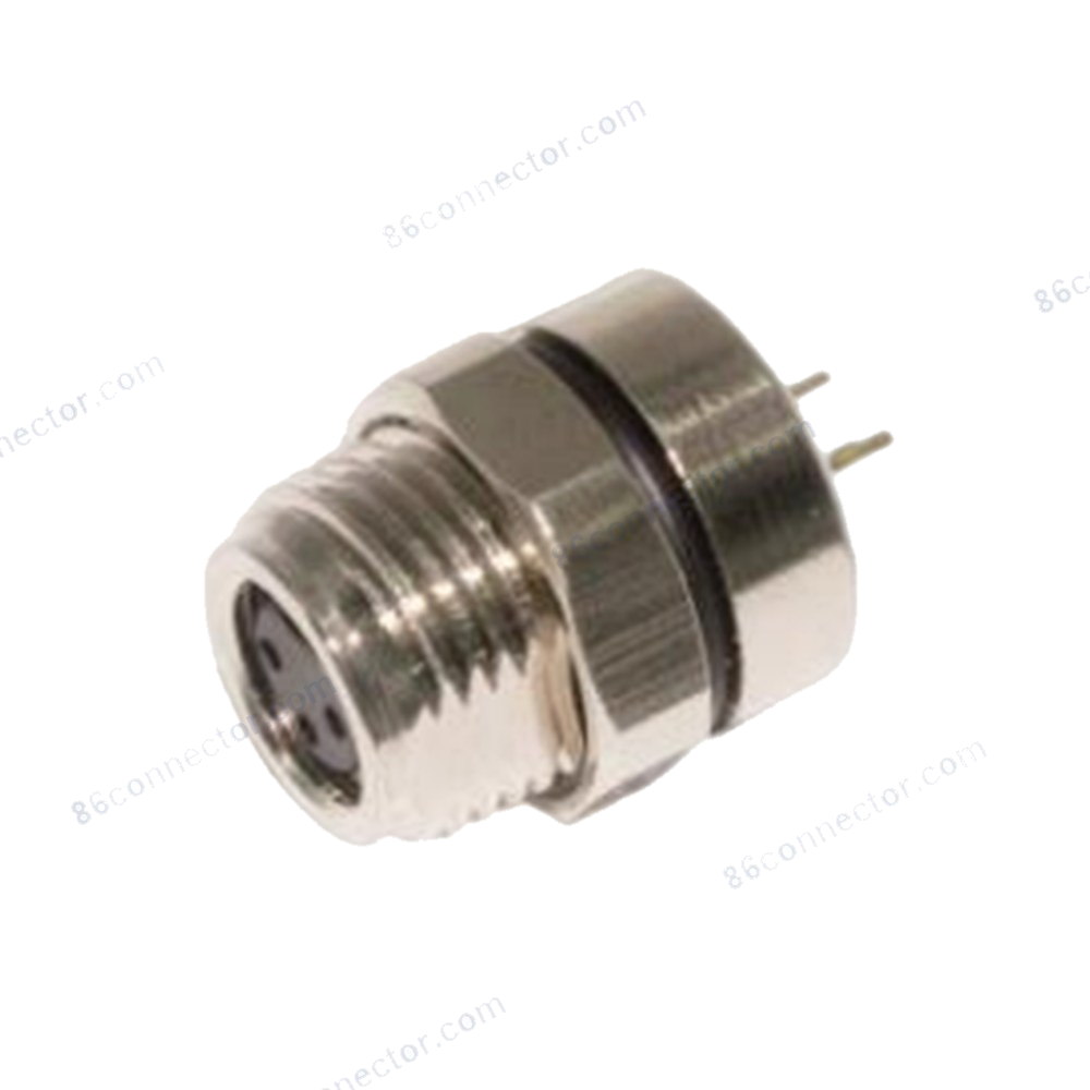 M8-12423 flange receptacle connector socket dip-solder — front thread M12x1/IP67