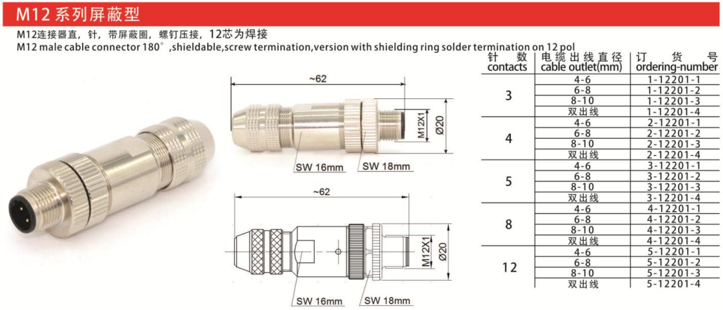M12-12201连接器直式针款屏蔽3芯4芯5芯8芯12芯航空插头插座 — M12-12201连接器直式针款屏蔽3芯4芯5芯8芯12芯航空插头插座 Straight Cable Plug /IP55