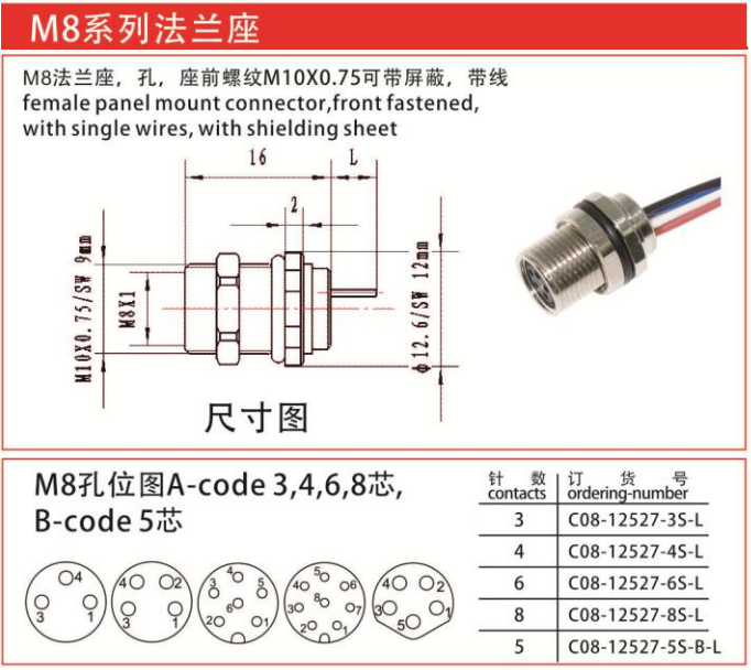 M8-12527法兰座连接器孔屏蔽带线-座前螺纹M10x0.75/IP67 — M8-12527法兰座连接器孔屏蔽带线-座前螺纹M10x0.75/IP67 Straight Cable Plug /IP55