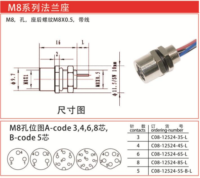 M8-12524法兰座连接器孔带线-座后螺纹M8x0.5/IP67 — M8-12524法兰座连接器孔带线-座后螺纹M8x0.5/IP67 Straight Cable Plug /IP55