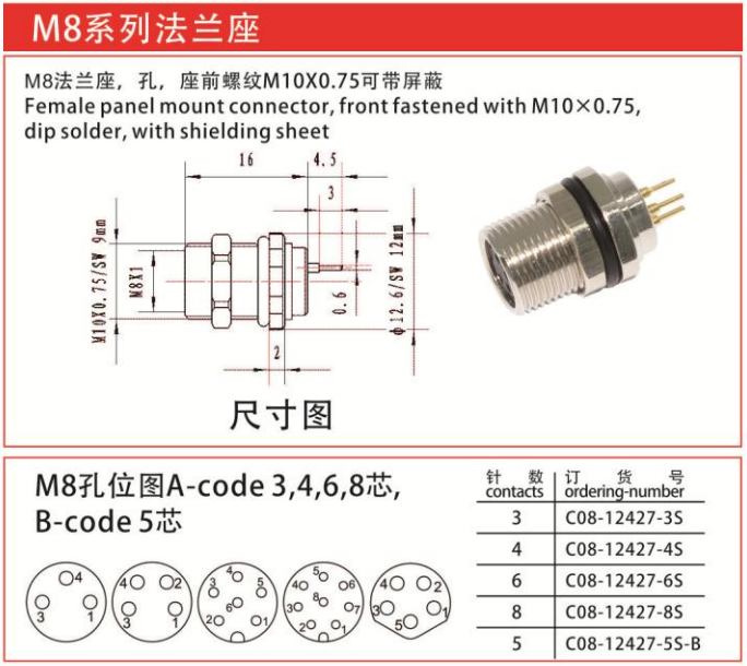 M8-12427法兰座连接器孔屏蔽-座前螺纹M10x0.75/IP67 — M8-12427法兰座连接器孔屏蔽-座前螺纹M10x0.75/IP67 Straight Cable Plug /IP55