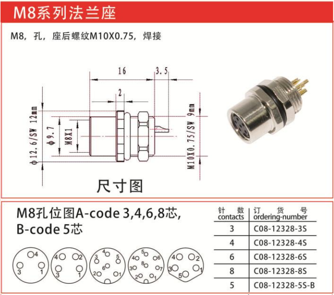 M8-12328法兰座连接器孔焊接-座后螺纹M10x0.75/IP67 — M8-12328法兰座连接器孔焊接-座后螺纹M10x0.75/IP67 Straight Cable Plug /IP55
