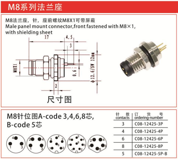 M8-12425法兰座连接器针屏蔽-座前螺纹M8x1/IP67 — M8-12425法兰座连接器针屏蔽-座前螺纹M8x1/IP67 Straight Cable Plug /IP55