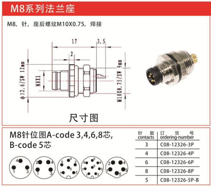 M8-12326法兰座连接器针焊接-座后螺纹M8x0.75/IP67 — M8-12326法兰座连接器针焊接-座后螺纹M8x0.75/IP67 Straight Cable Plug /IP55