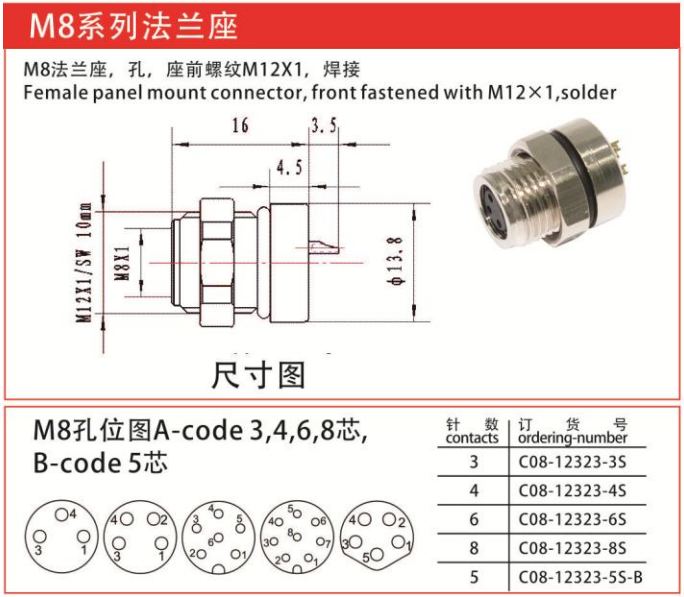 M8-12323法兰座连接器孔焊接-座前螺纹M12x1/IP67 — M8-12323法兰座连接器孔焊接-座前螺纹M12x1/IP67 Straight Cable Plug /IP55