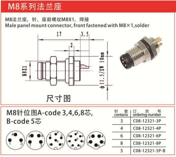 M8-12321法兰座连接器针焊线-座前螺纹M8x1/IP67 — M8-12321法兰座连接器针焊线-座前螺纹M8x1/IP67 Straight Cable Plug /IP55