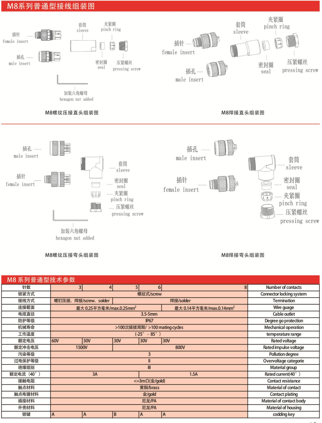 M8-11210直式电缆连接器针压接-3芯4芯航空插头插座/IP67