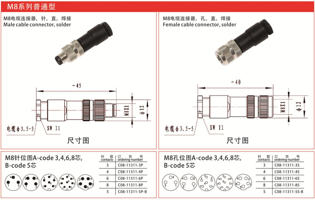 M8-11311直式电缆连接器针焊接-3芯4芯5芯6芯8芯航空插头插座/IP67 — M8-11311直式电缆连接器针焊接-3芯4芯5芯6芯8芯航空插头插座/IP67 Straight Cable Plug /IP55