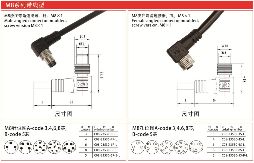M8-23530浇注弯头直角连接器孔带线M8x1/IP67 — M8-23530浇注弯头直角连接器孔带线M8x1/IP67 Straight Cable Plug /IP55