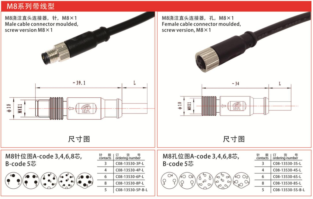 M8-13530浇注直头连接器孔带线M8x1-3芯4芯5芯6芯8芯航空插头插座/IP67 — M8-13530浇注直头连接器孔带线M8x1-3芯4芯5芯6芯8芯航空插头插座/IP67 Straight Cable Plug /IP55