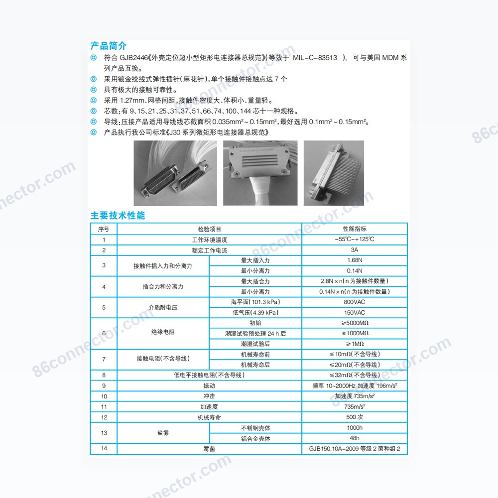 J30J series micro rectangular electrical connector with metal shell (MIL-C-83513, MDM, USA)