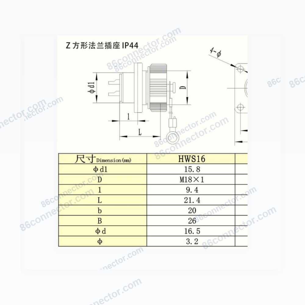 HW-Z Square Flange Receptacle IP44