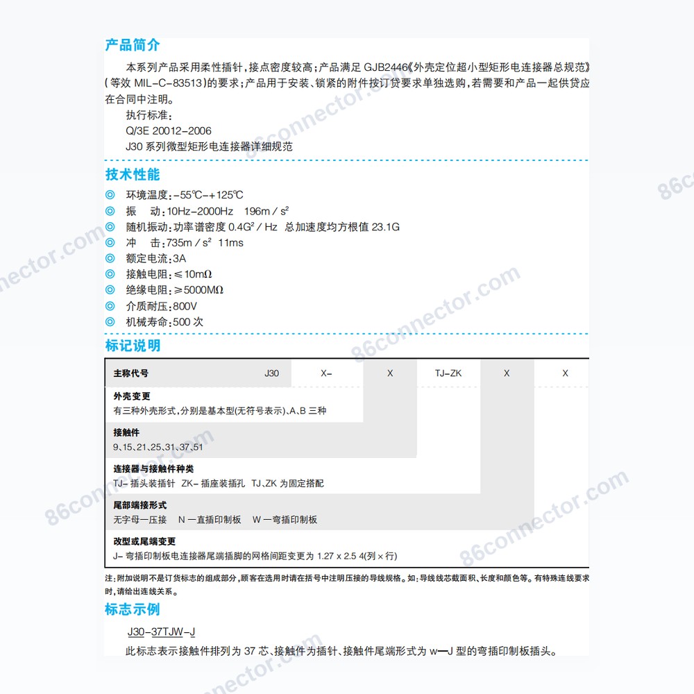 J30 series plastic shell micro rectangular electrical connector (MIL-C-83513)